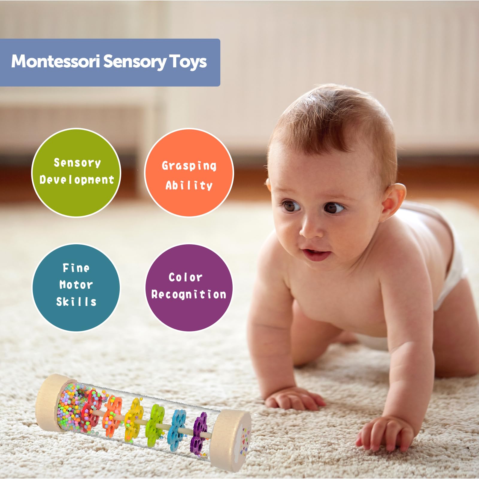 GRESEESM Rain Stick - 7.7 Inch Wooden Rainmaker for Babies 6-12 Months & Toddlers, Sensory Musical Toy