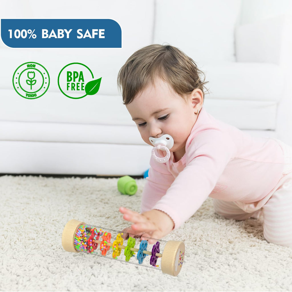 GRESEESM Rain Stick - 7.7 Inch Wooden Rainmaker for Babies 6-12 Months & Toddlers, Sensory Musical Toy