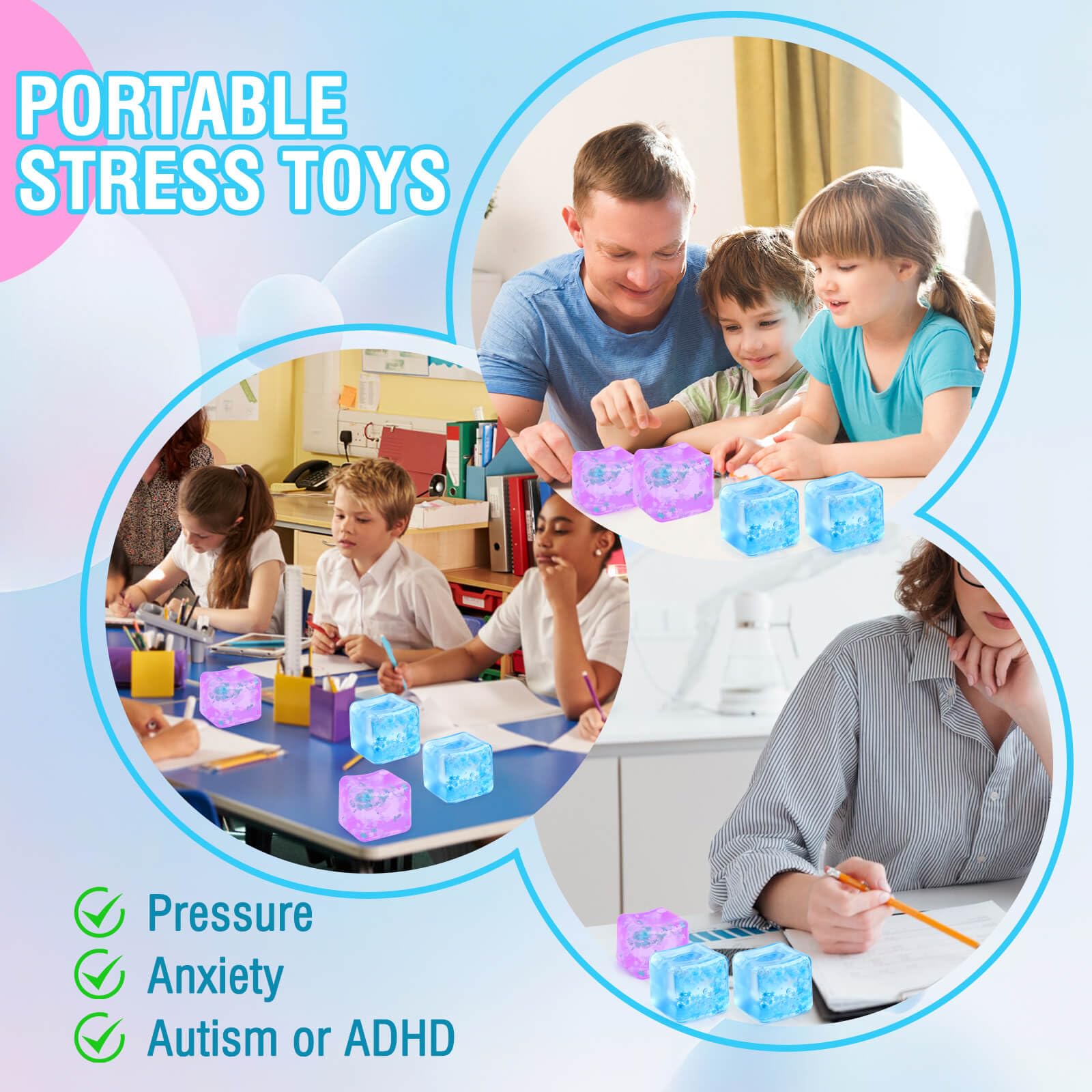 Gretex 2-Pack Squishy Ice Cube Stress Balls – Blue & Purple Sensory Fidget Toys for All Ages