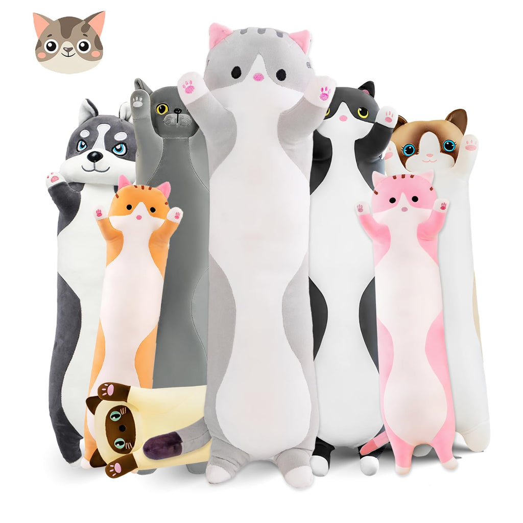 Grey Long Cat Plush Pillow - 19.6in Kawaii Kitten Stuffed Animal Body Pillow by NXNYNZ