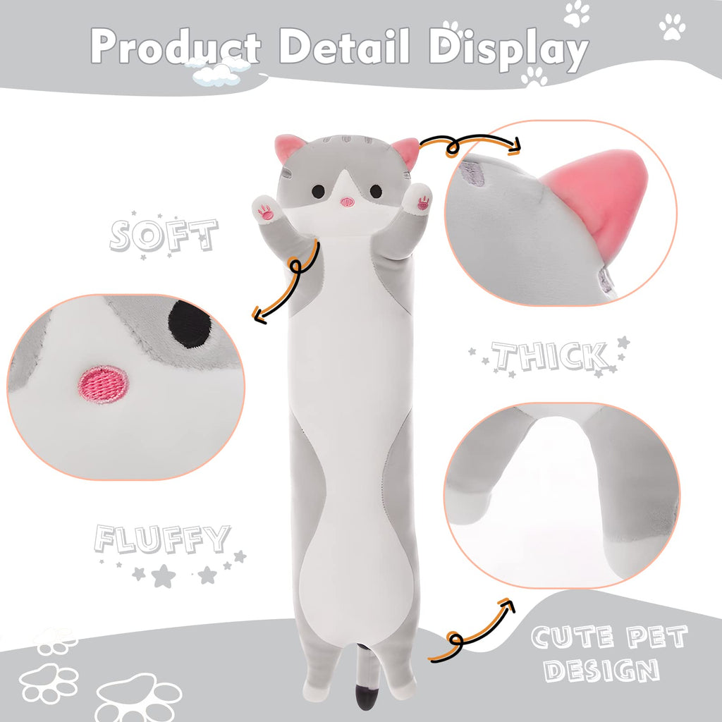 Grey Long Cat Plush Pillow - 19.6in Kawaii Kitten Stuffed Animal Body Pillow by NXNYNZ