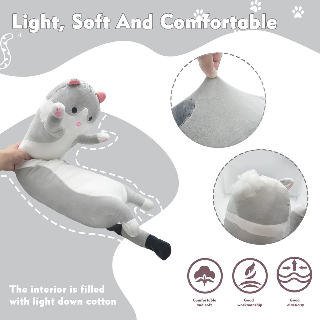 Grey Long Cat Plush Pillow - 19.6in Kawaii Kitten Stuffed Animal Body Pillow by NXNYNZ