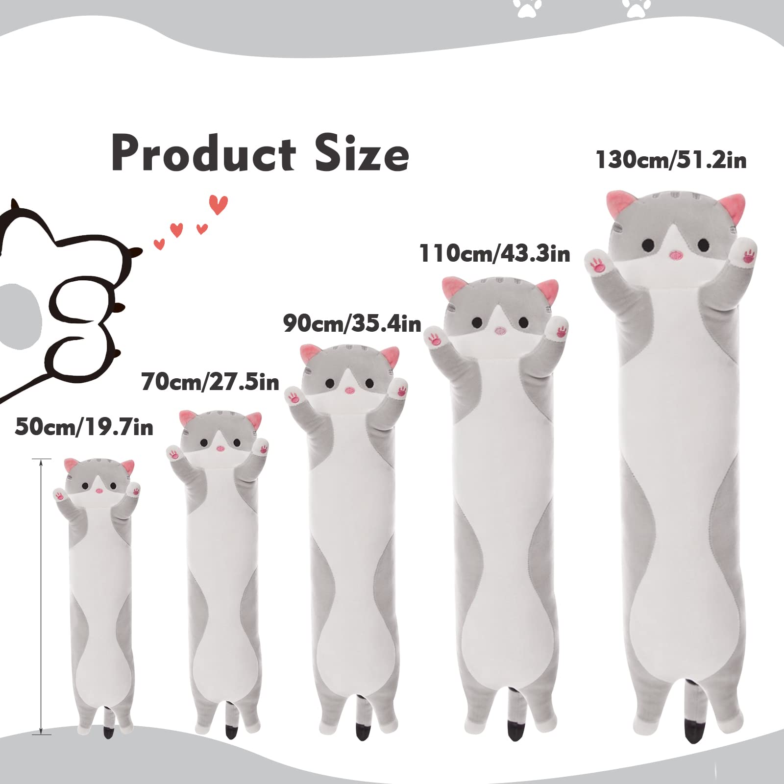 Grey Long Cat Plush Pillow - 19.6in Kawaii Kitten Stuffed Animal Body Pillow by NXNYNZ