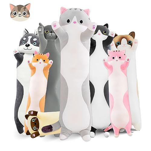 Grey Long Cat Plush Pillow - 19.6in Kawaii Kitten Stuffed Animal Body Pillow by NXNYNZ