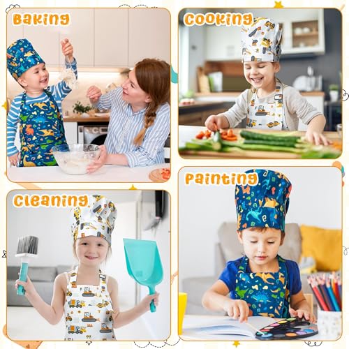 GROBRO7 4-Piece Kids Apron and Chef Hat Set – Dinosaurs & Construction Vehicles, Adjustable Waterproof Smocks for Ages 3-6