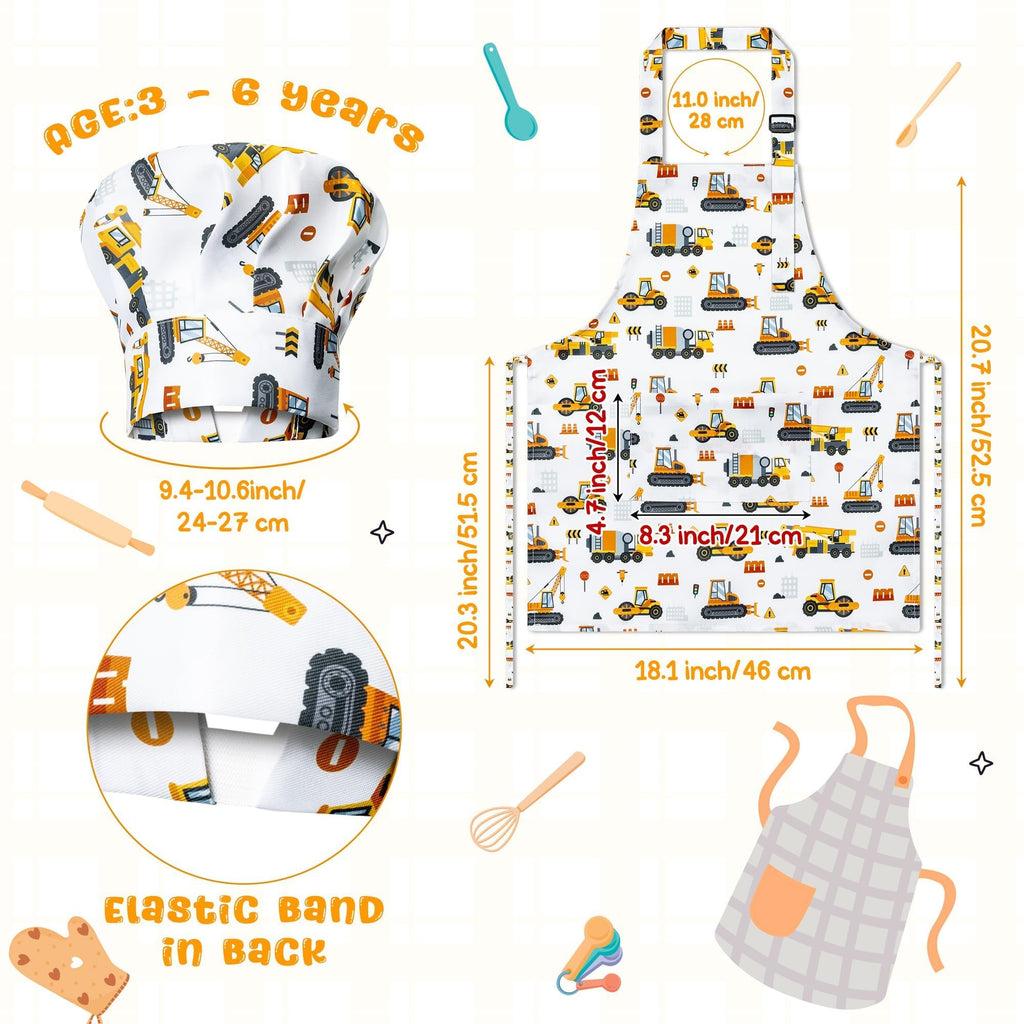 GROBRO7 4-Piece Kids Apron and Chef Hat Set – Dinosaurs & Construction Vehicles, Adjustable Waterproof Smocks for Ages 3-6
