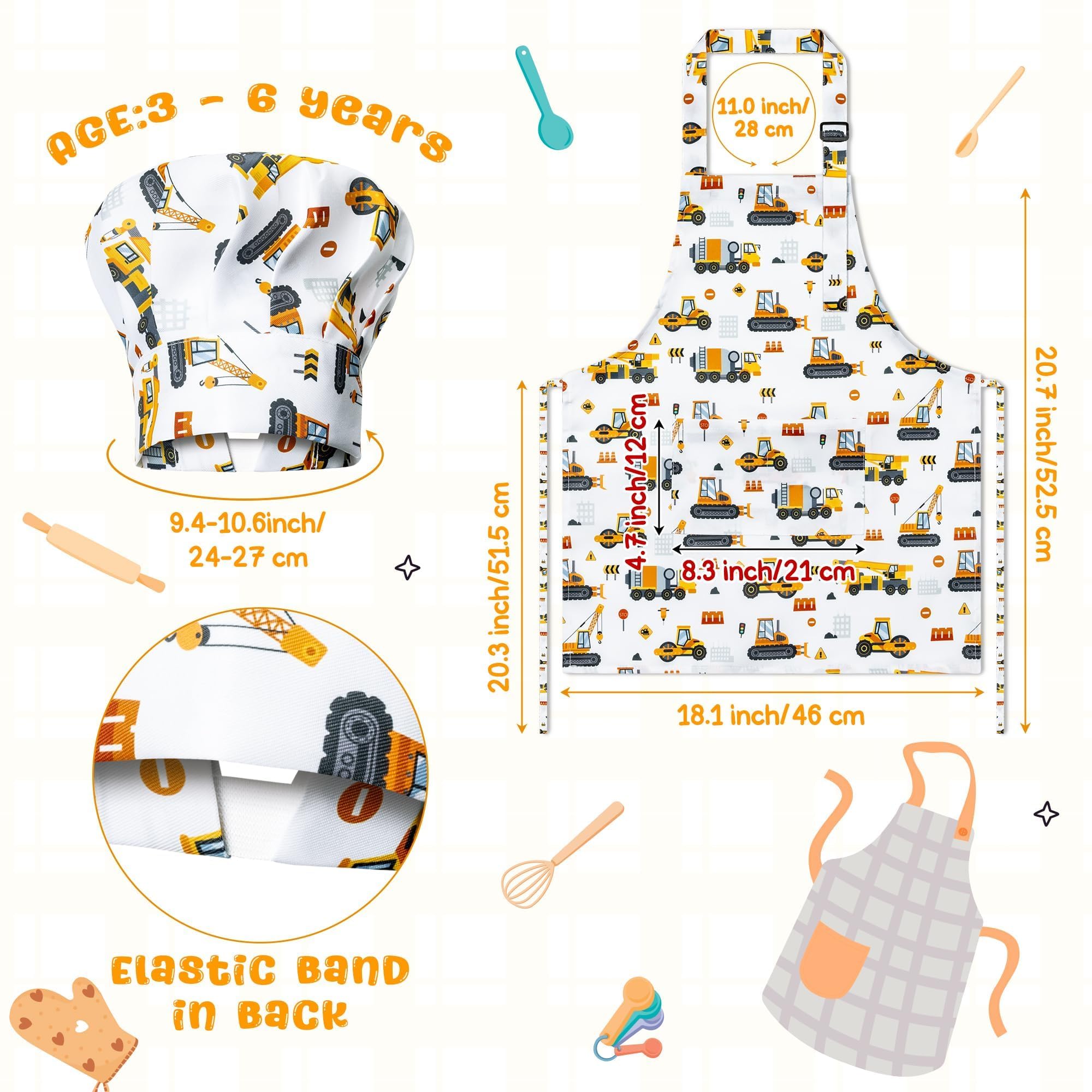 GROBRO7 4-Piece Kids Apron and Chef Hat Set – Dinosaurs & Construction Vehicles, Adjustable Waterproof Smocks for Ages 3-6