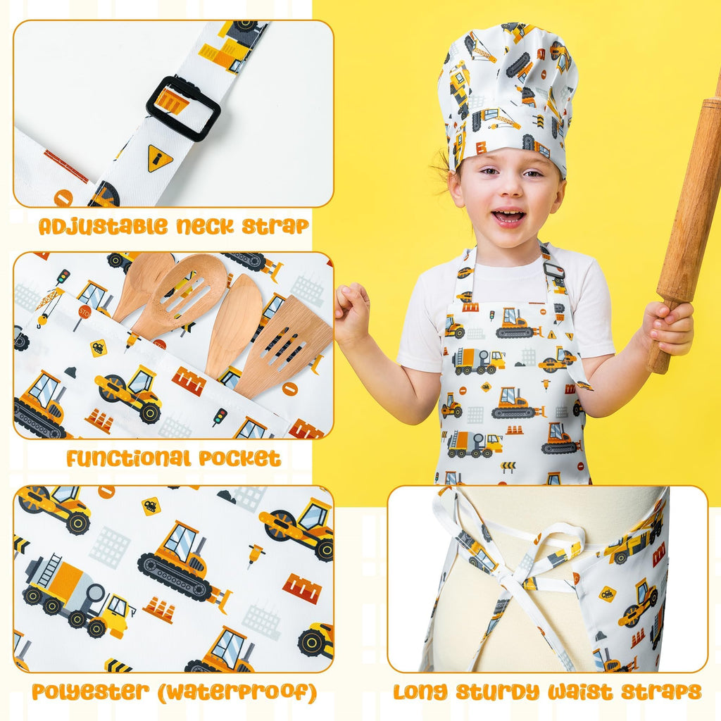 GROBRO7 4-Piece Kids Apron and Chef Hat Set – Dinosaurs & Construction Vehicles, Adjustable Waterproof Smocks for Ages 3-6