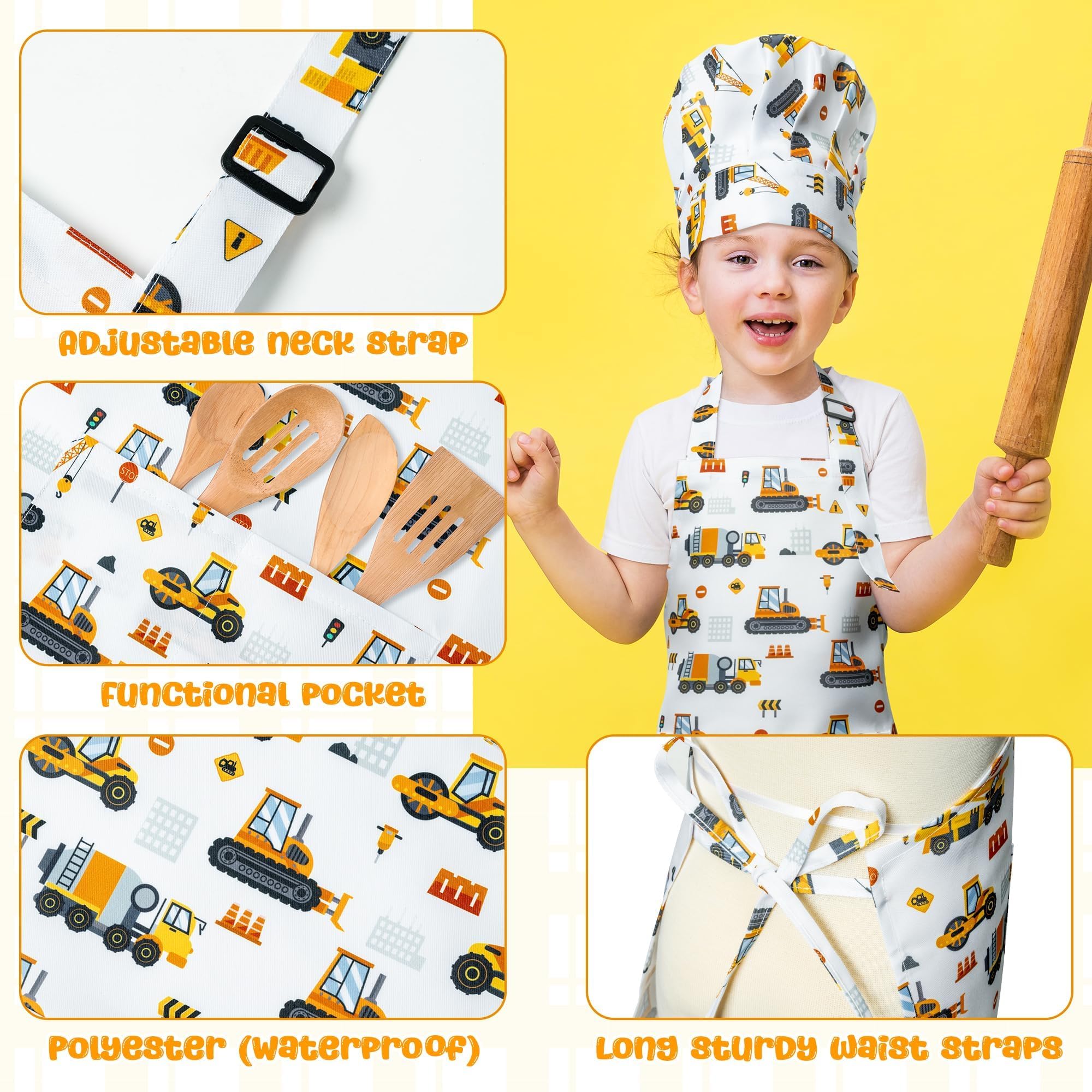 GROBRO7 4-Piece Kids Apron and Chef Hat Set – Dinosaurs & Construction Vehicles, Adjustable Waterproof Smocks for Ages 3-6