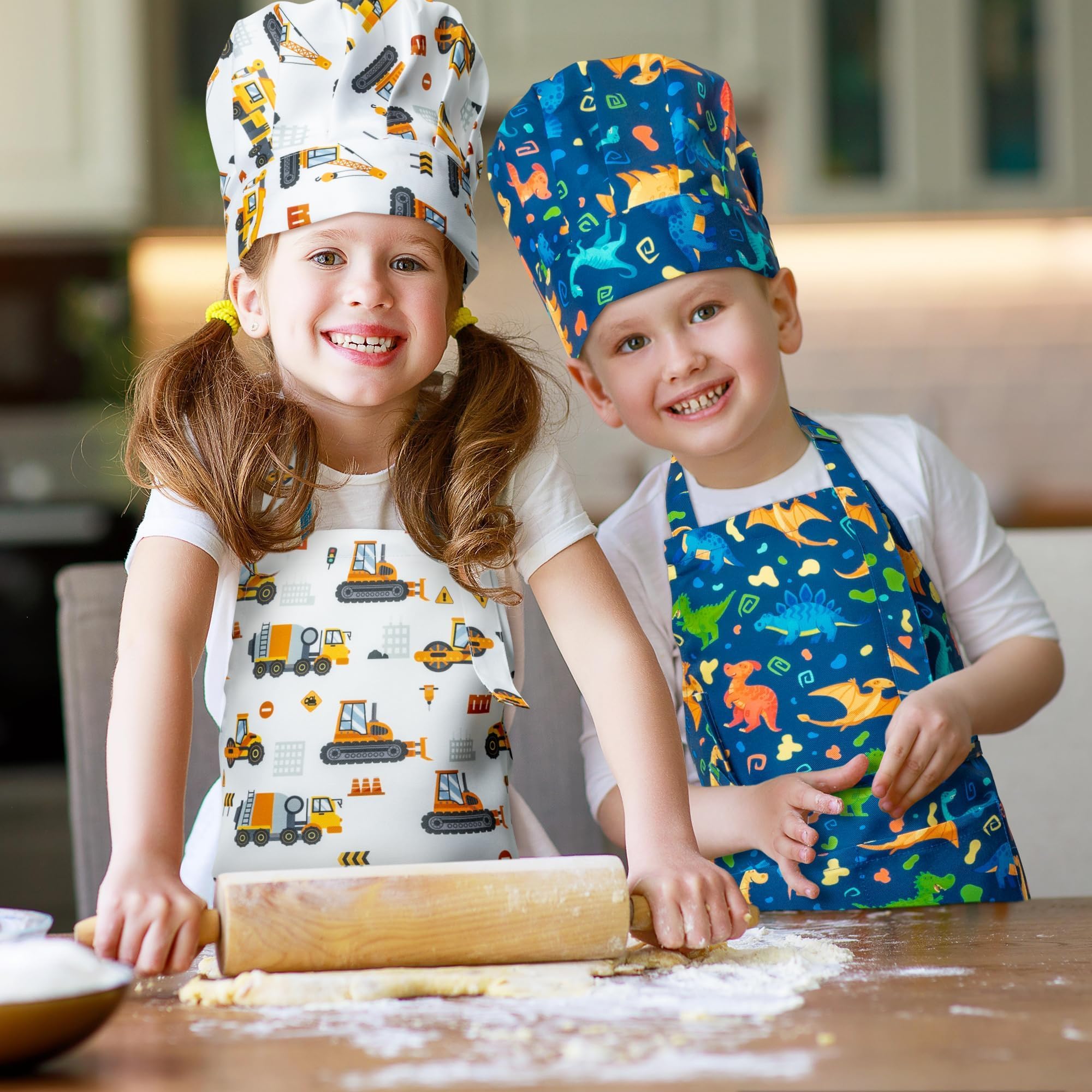 GROBRO7 4-Piece Kids Apron and Chef Hat Set – Dinosaurs & Construction Vehicles, Adjustable Waterproof Smocks for Ages 3-6