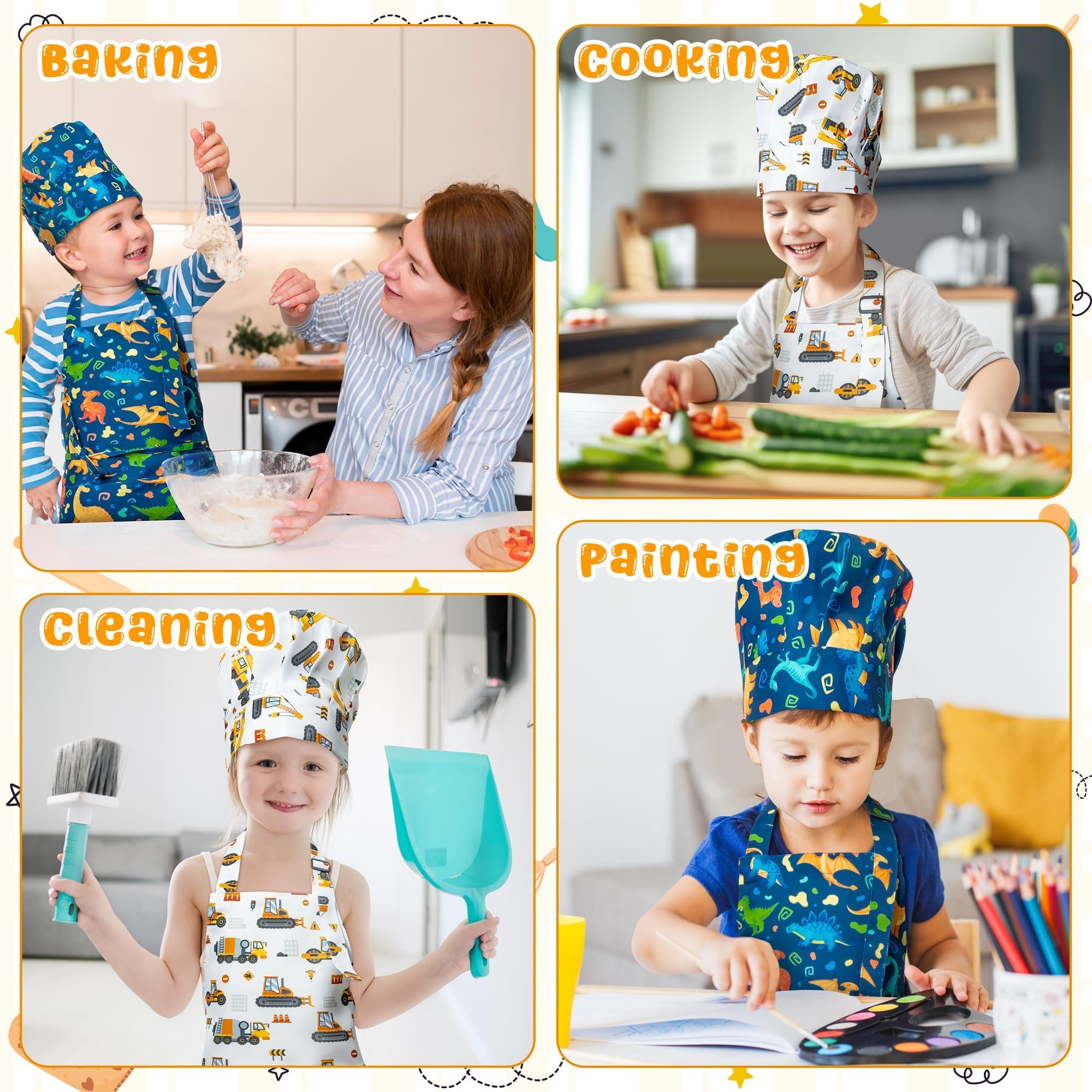 GROBRO7 4-Piece Kids Apron and Chef Hat Set – Dinosaurs & Construction Vehicles, Adjustable Waterproof Smocks for Ages 3-6