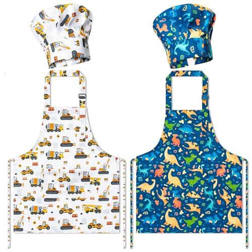 GROBRO7 4-Piece Kids Apron and Chef Hat Set – Dinosaurs & Construction Vehicles, Adjustable Waterproof Smocks for Ages 3-6