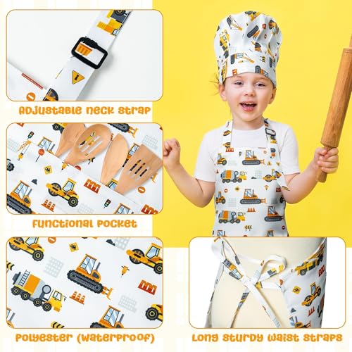 GROBRO7 4-Piece Kids Apron and Chef Hat Set – Dinosaurs & Construction Vehicles, Adjustable Waterproof Smocks for Ages 3-6