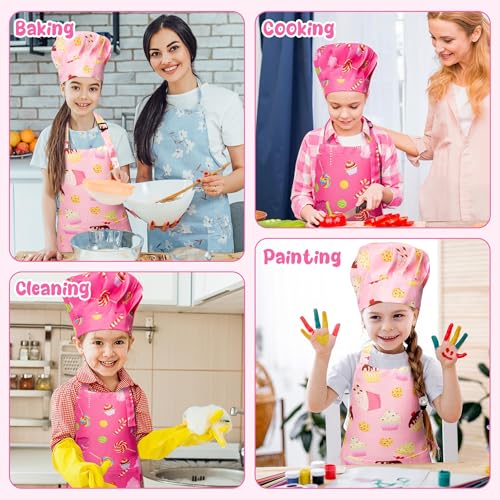 GROBRO7 4-Piece Kids Apron and Chef Hat Set for Ages 3-6, Candy and Cookie Prints, Adjustable, Waterproof