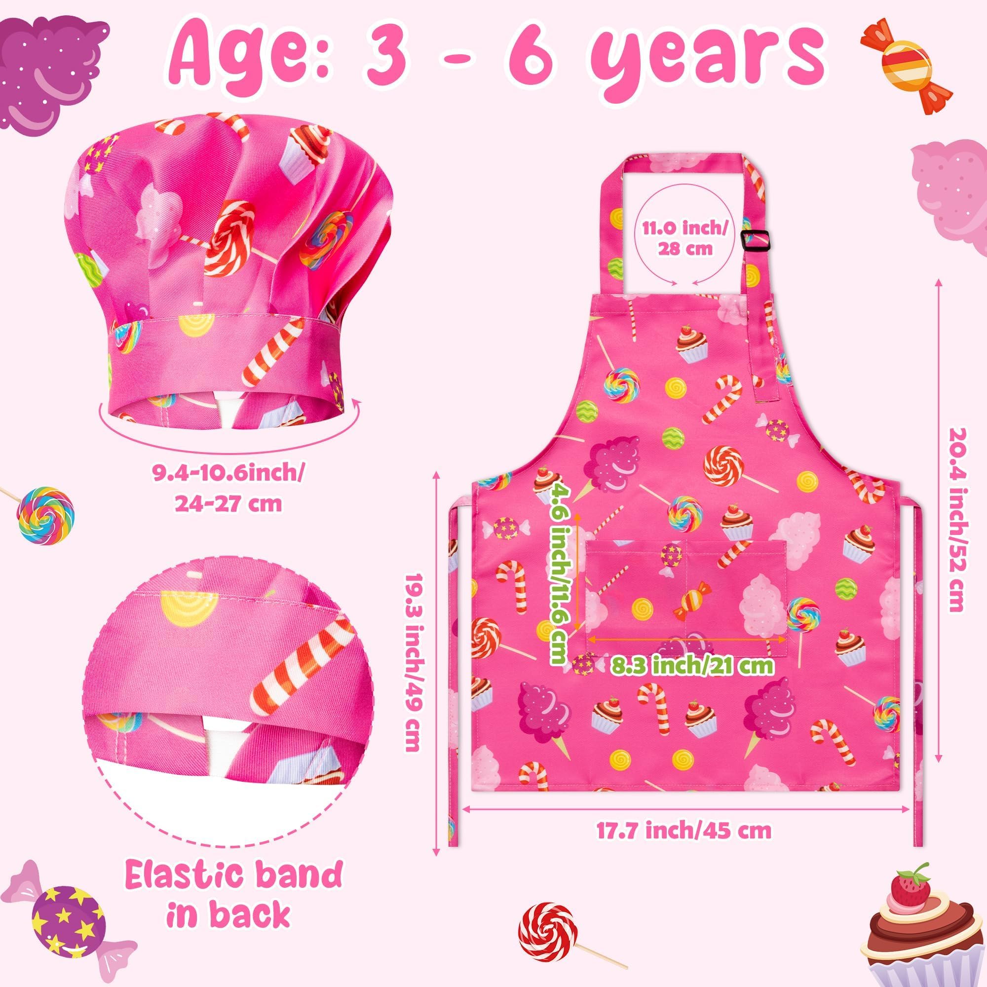 GROBRO7 4-Piece Kids Apron and Chef Hat Set for Ages 3-6, Candy and Cookie Prints, Adjustable, Waterproof