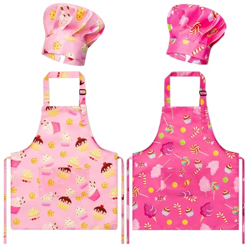 GROBRO7 4-Piece Kids Apron and Chef Hat Set for Ages 3-6, Candy and Cookie Prints, Adjustable, Waterproof