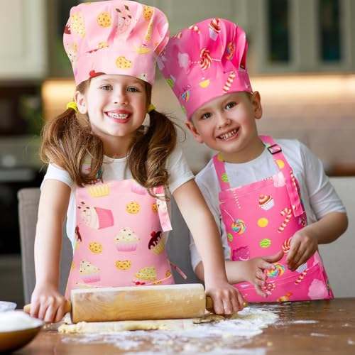 GROBRO7 4-Piece Kids Apron and Chef Hat Set for Ages 3-6, Candy and Cookie Prints, Adjustable, Waterproof