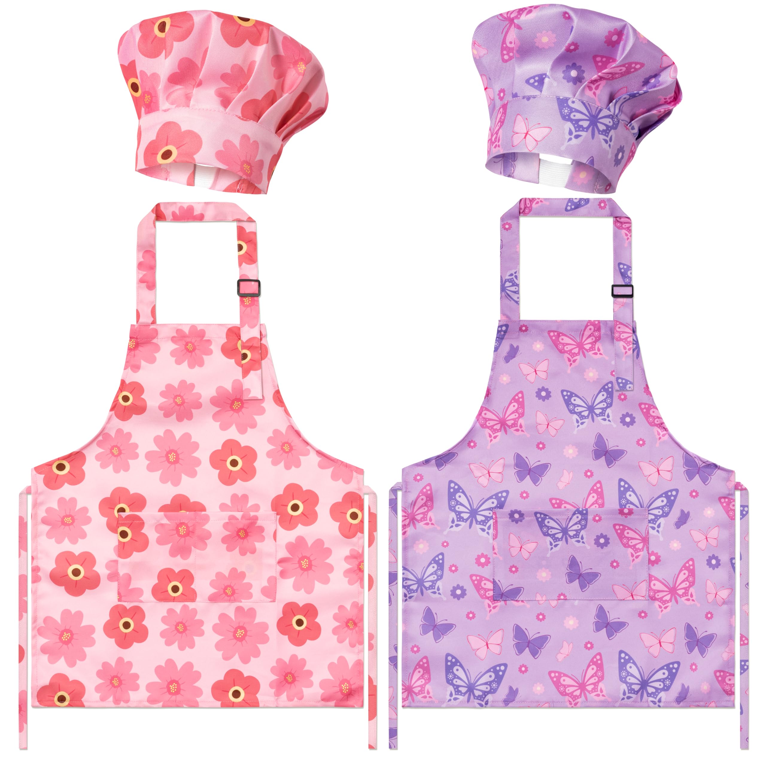 GROBRO7 Pink Floral Butterfly Kids Apron & Chef Hat Set (4 Pcs) - Adjustable Waterproof Smock for Girls Ages 3-6