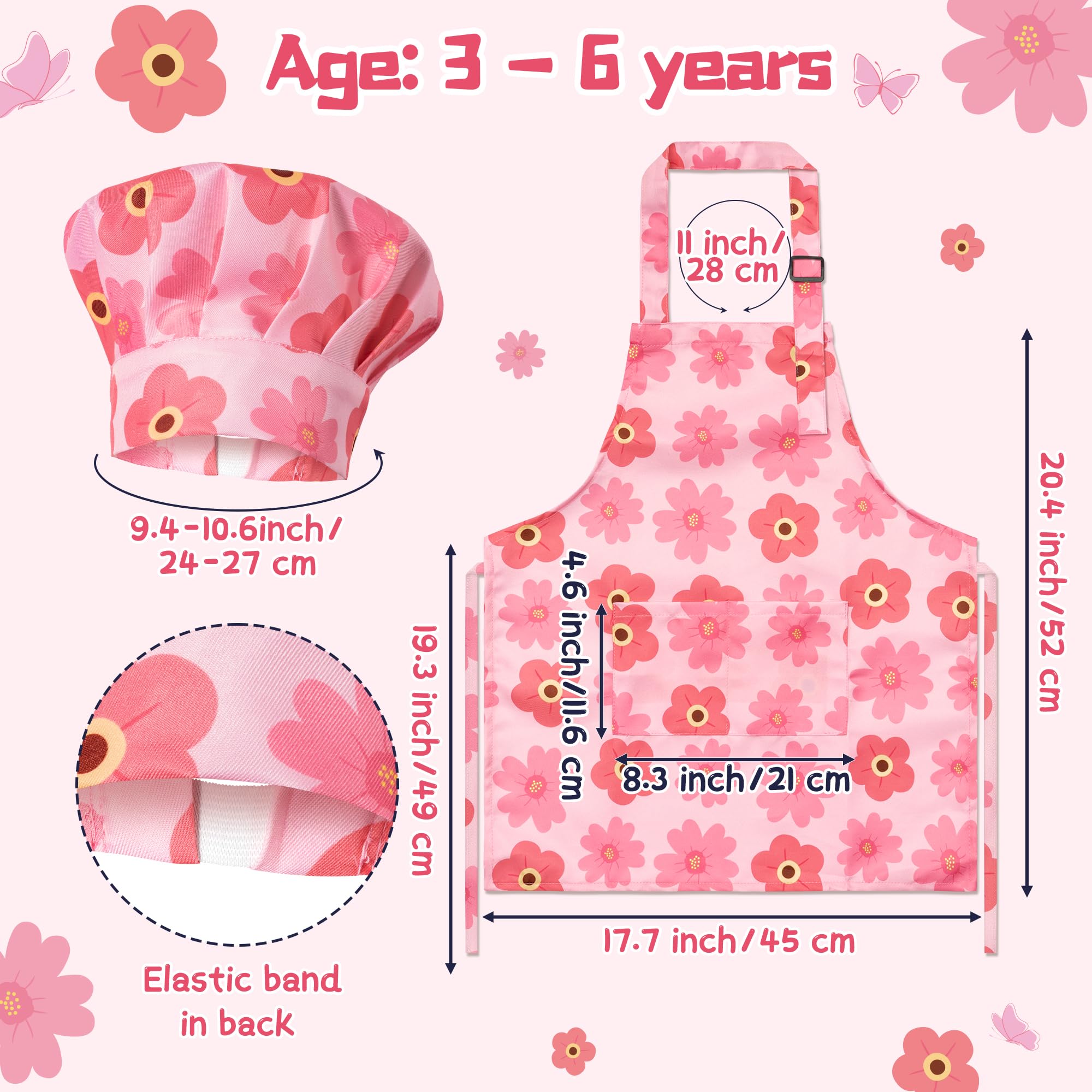 GROBRO7 Pink Floral Butterfly Kids Apron & Chef Hat Set (4 Pcs) - Adjustable Waterproof Smock for Girls Ages 3-6