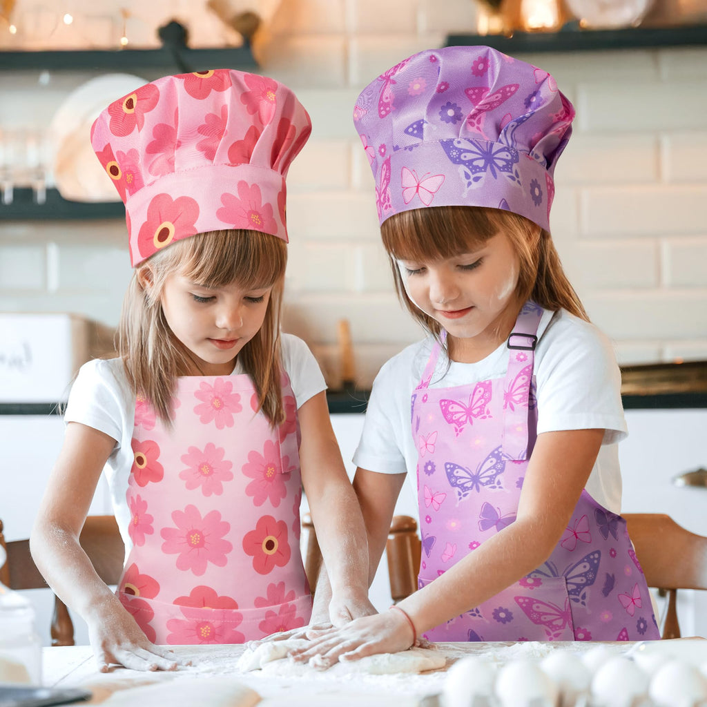 GROBRO7 Pink Floral Butterfly Kids Apron & Chef Hat Set (4 Pcs) - Adjustable Waterproof Smock for Girls Ages 3-6
