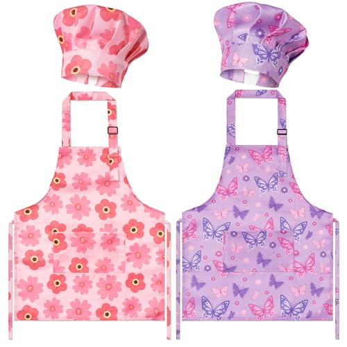 GROBRO7 Pink Floral Butterfly Kids Apron & Chef Hat Set (4 Pcs) - Adjustable Waterproof Smock for Girls Ages 3-6