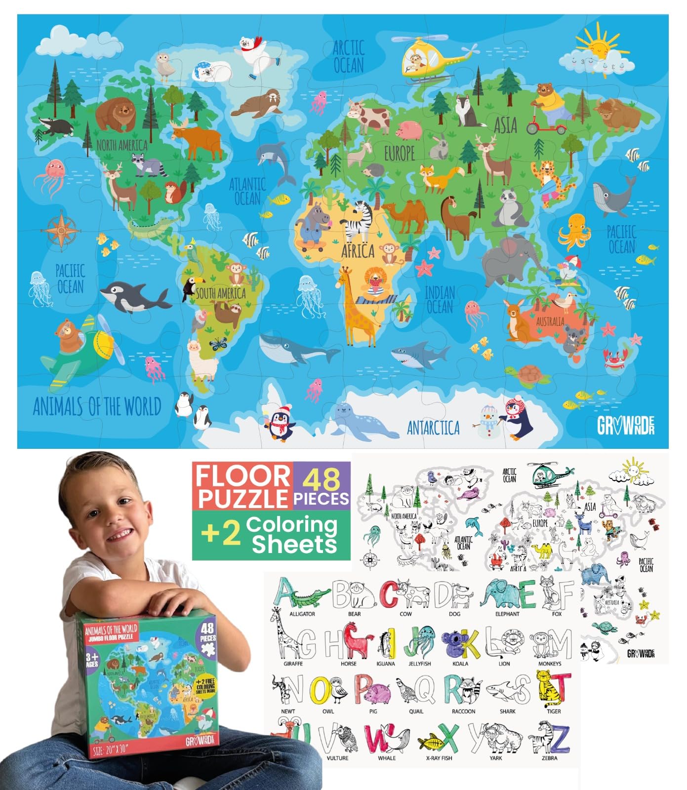 GROWONDER Floor Puzzle for Kids Ages 3-8 – 48 Piece Animals of the World with 2 Coloring Posters