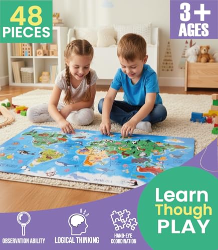 GROWONDER Floor Puzzle for Kids Ages 3-8 – 48 Piece Animals of the World with 2 Coloring Posters