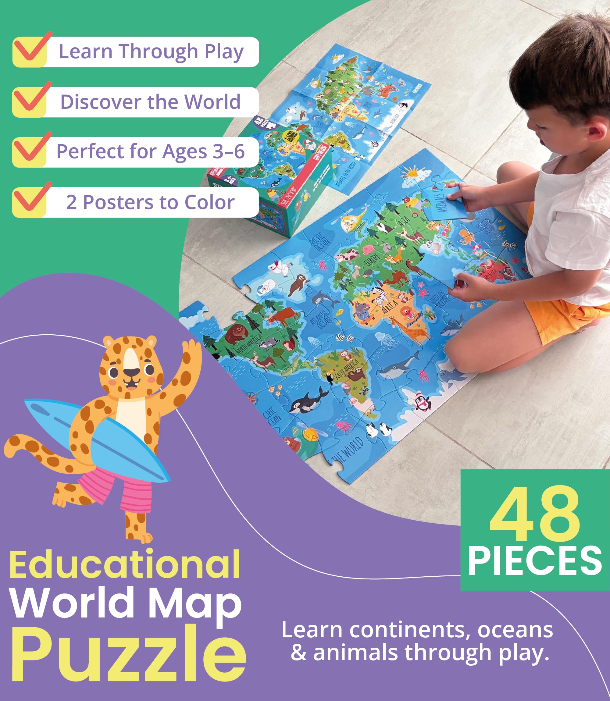 GROWONDER Floor Puzzle for Kids Ages 3-8 – 48 Piece Animals of the World with 2 Coloring Posters