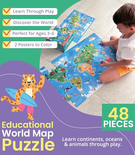 GROWONDER Floor Puzzle for Kids Ages 3-8 – 48 Piece Animals of the World with 2 Coloring Posters