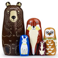 GRPSKCOS Animal Russian Nesting Dolls – 5-Piece Handmade Wooden Matryoshka Set (Bear, Fox, Owl, Rabbit, Raccoon)