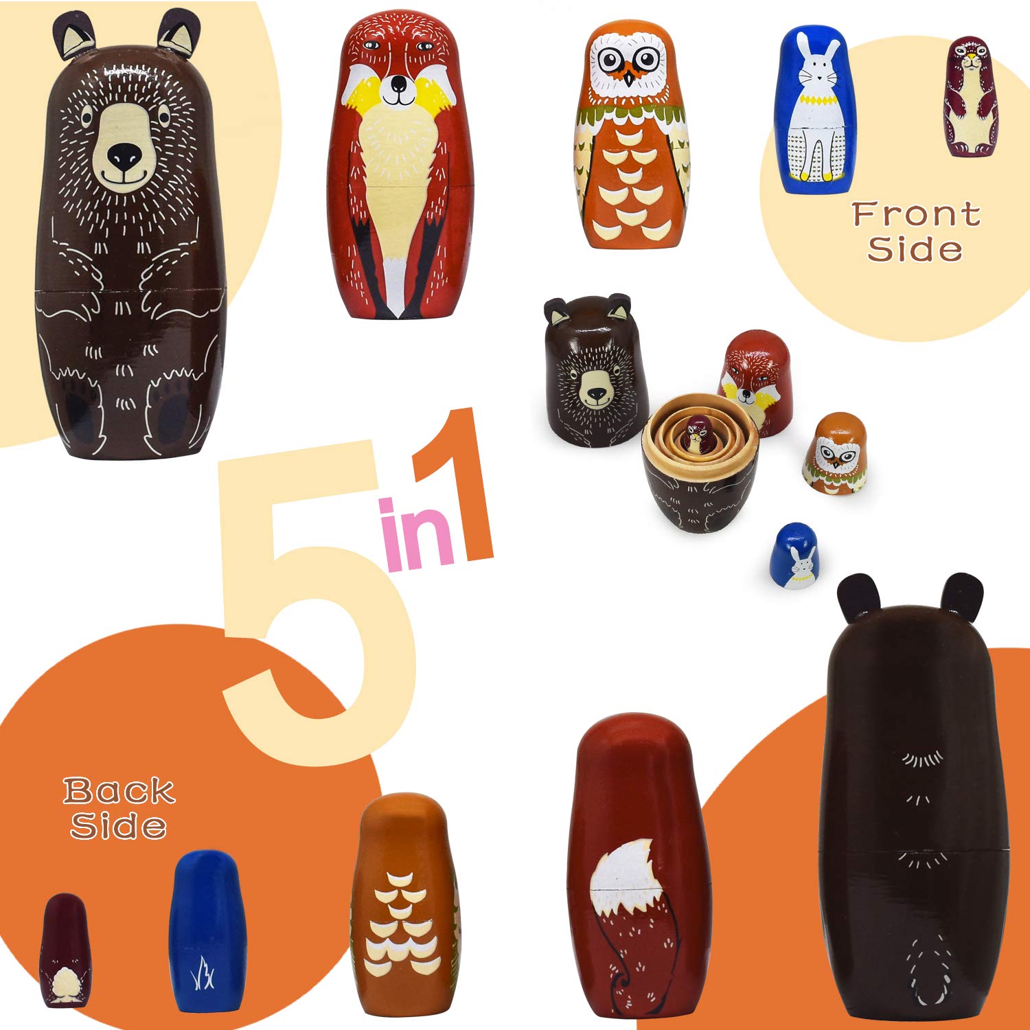 GRPSKCOS Animal Russian Nesting Dolls – 5-Piece Handmade Wooden Matryoshka Set (Bear, Fox, Owl, Rabbit, Raccoon)