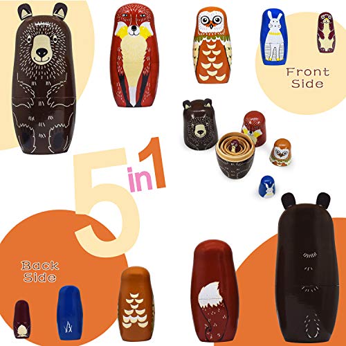GRPSKCOS Animal Russian Nesting Dolls – 5-Piece Handmade Wooden Matryoshka Set (Bear, Fox, Owl, Rabbit, Raccoon)