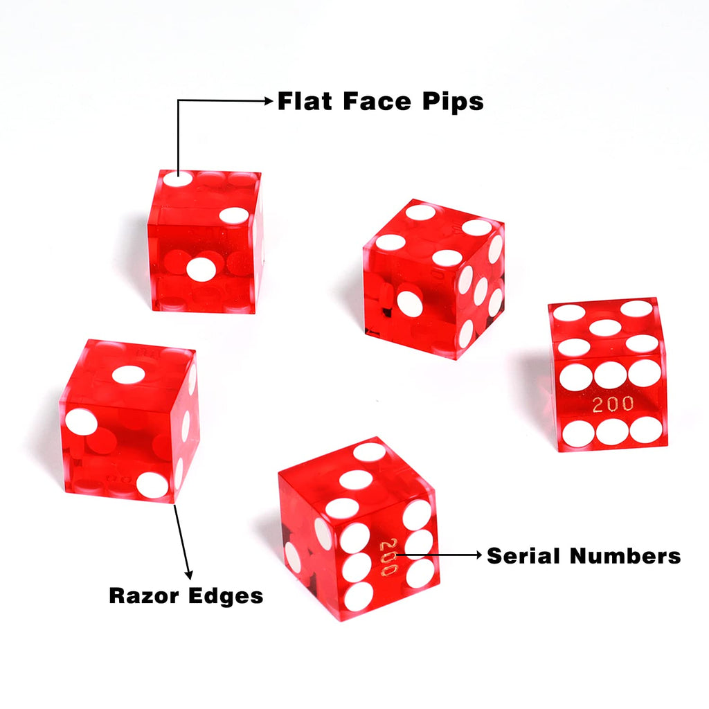 GSE AAA 19mm Casino Craps Dice Set of 5 - Razor Sharp Edges & Serialized