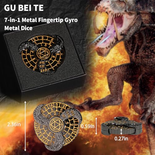 GU BEI TE Metal DND Spinner Dice Set – Fingertip Gyroscope with Dragon Carving, Includes D20 D10 D8 D12 D6 D4, Gift Box for RPG Games