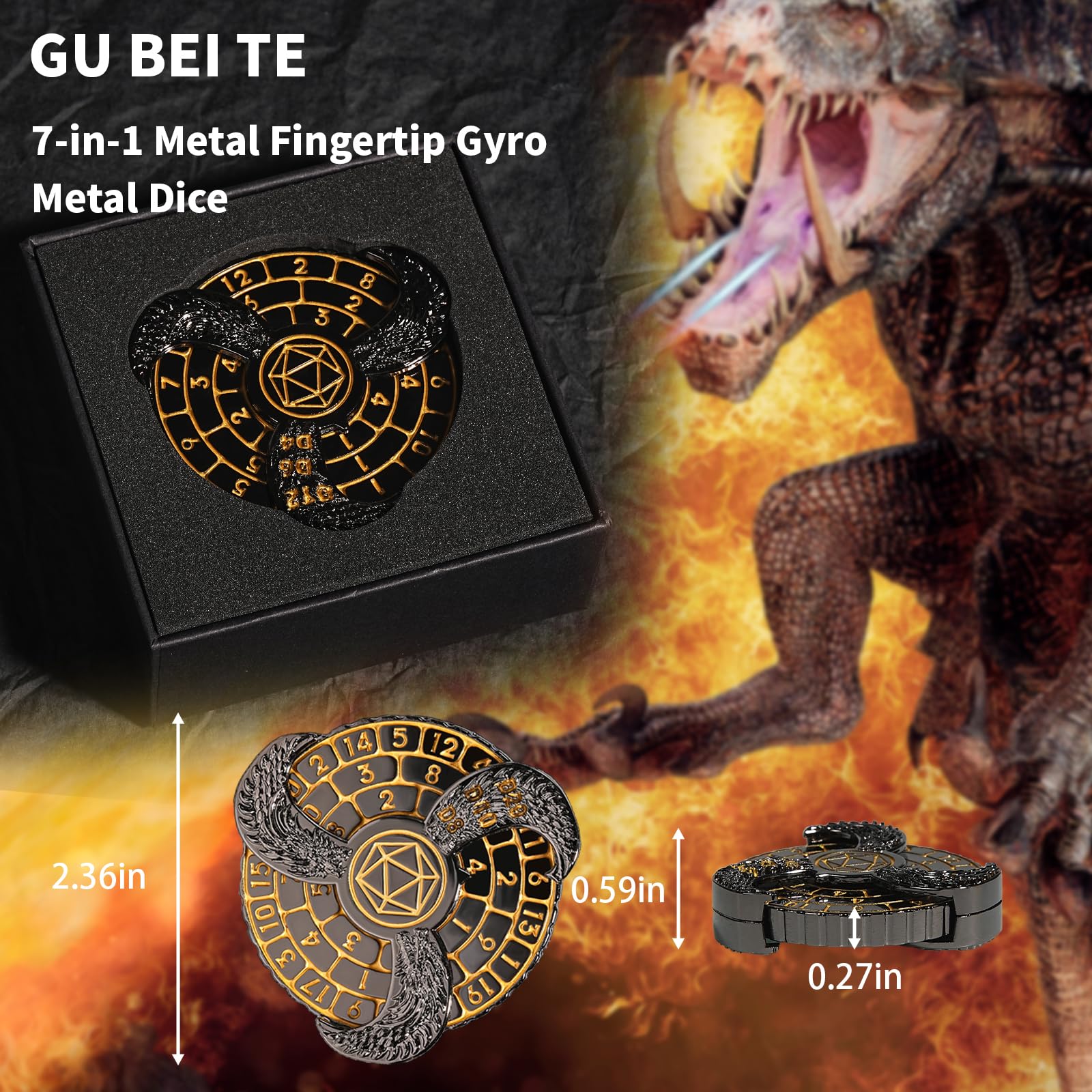 GU BEI TE Metal DND Spinner Dice Set – Fingertip Gyroscope with Dragon Carving, Includes D20 D10 D8 D12 D6 D4, Gift Box for RPG Games