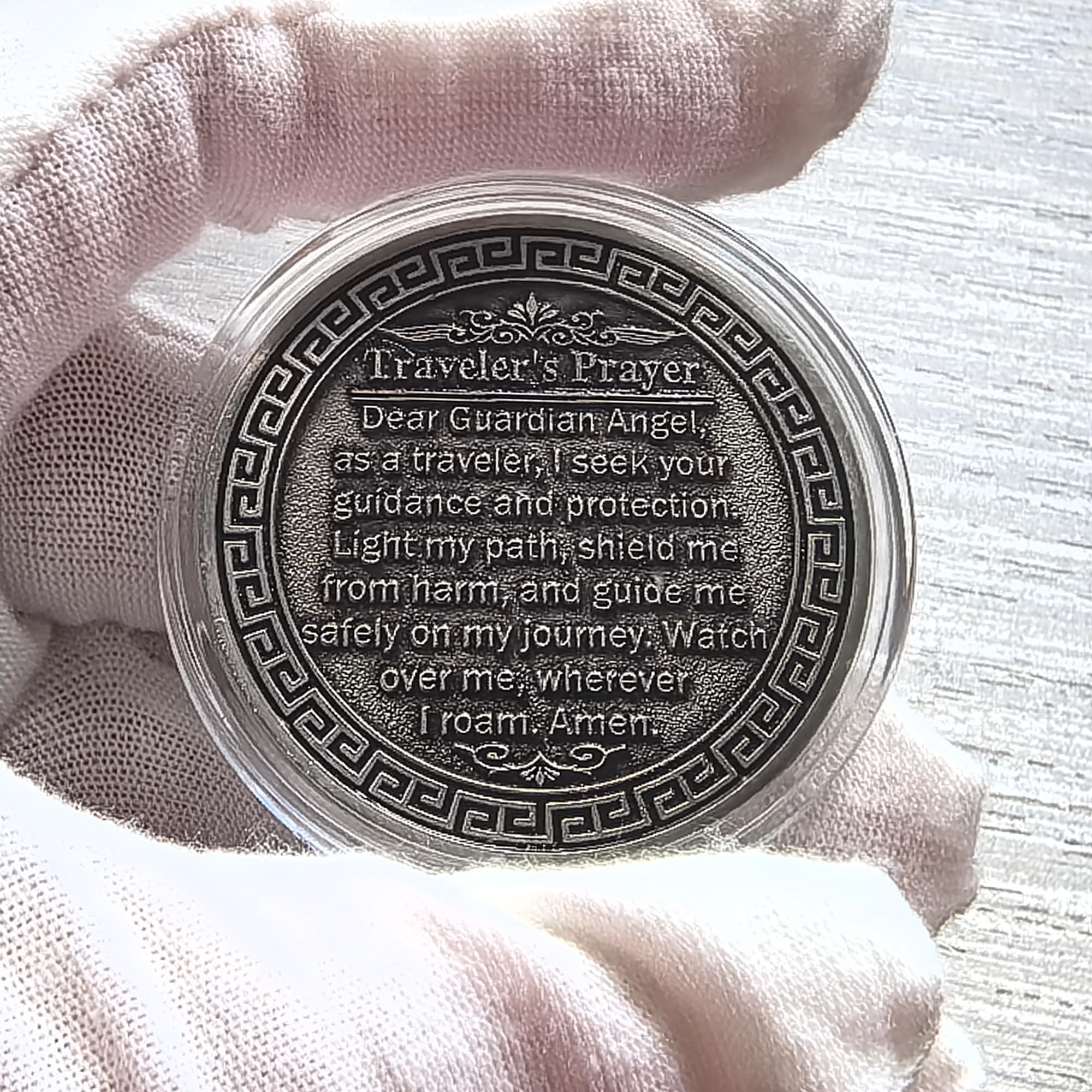 Guardian Angel Traveler's Prayer Challenge Coin – Silver Finish with Protective Case