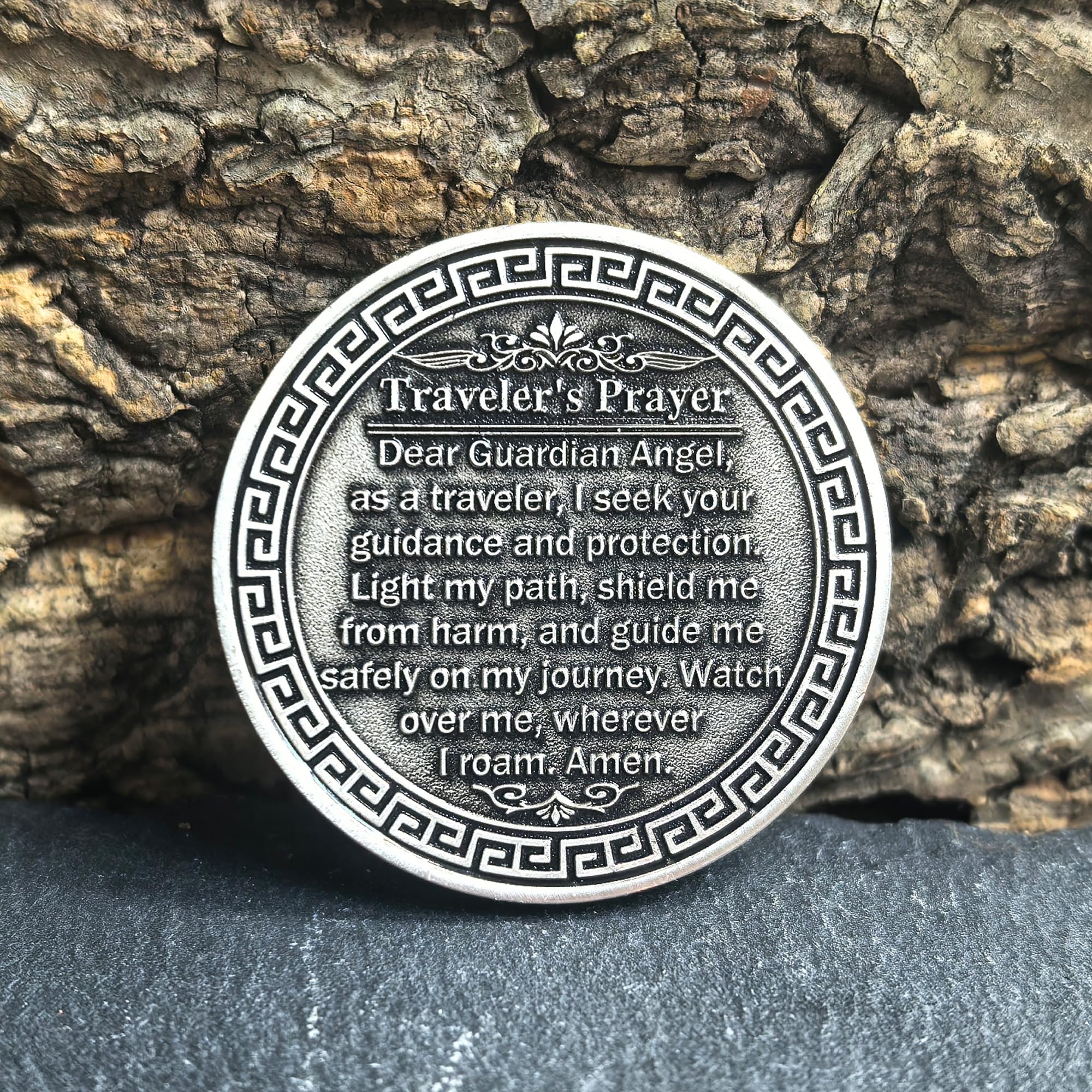 Guardian Angel Traveler's Prayer Challenge Coin – Silver Finish with Protective Case