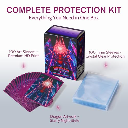 GuarditechProX Double Sleeve Bundle – Spider Design: 100 Matte Art Sleeves & 100 Tight Fit Inner Sleeves, Acid-Free Standard Size Card Protectors with Storage Box for MTG, Pokemon, TCG
