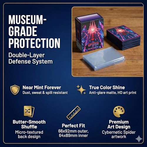 GuarditechProX Double Sleeve Bundle – Spider Design: 100 Matte Art Sleeves & 100 Tight Fit Inner Sleeves, Acid-Free Standard Size Card Protectors with Storage Box for MTG, Pokemon, TCG