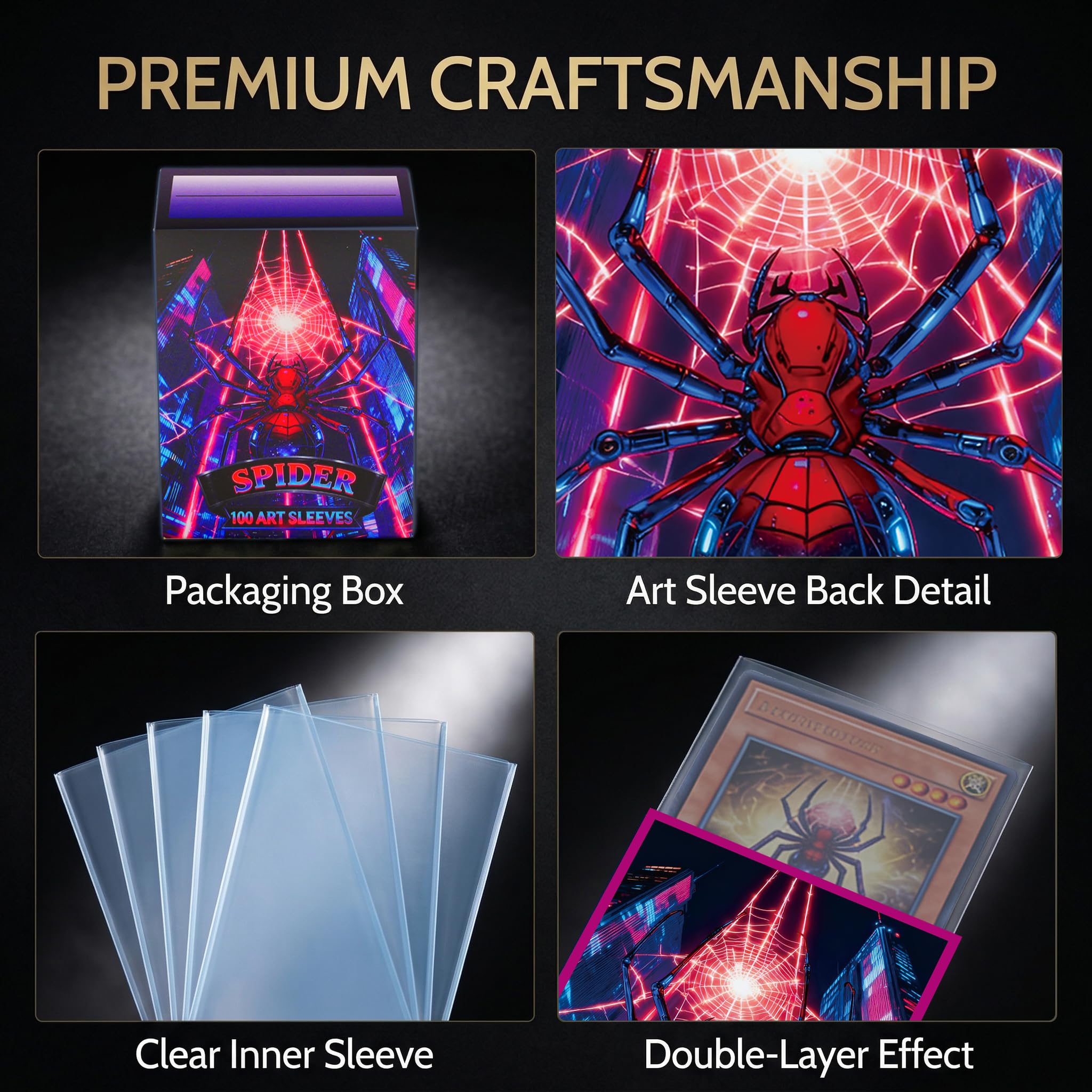 GuarditechProX Double Sleeve Bundle – Spider Design: 100 Matte Art Sleeves & 100 Tight Fit Inner Sleeves, Acid-Free Standard Size Card Protectors with Storage Box for MTG, Pokemon, TCG