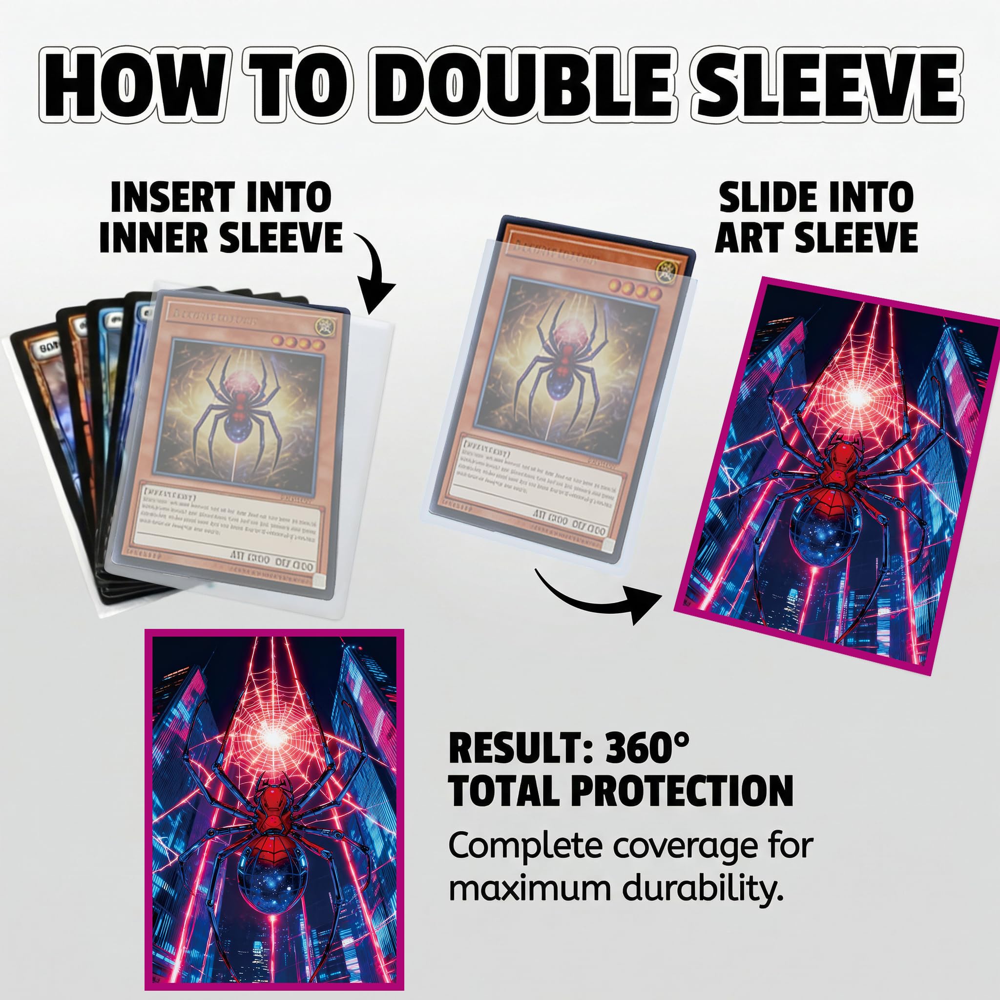 GuarditechProX Double Sleeve Bundle – Spider Design: 100 Matte Art Sleeves & 100 Tight Fit Inner Sleeves, Acid-Free Standard Size Card Protectors with Storage Box for MTG, Pokemon, TCG