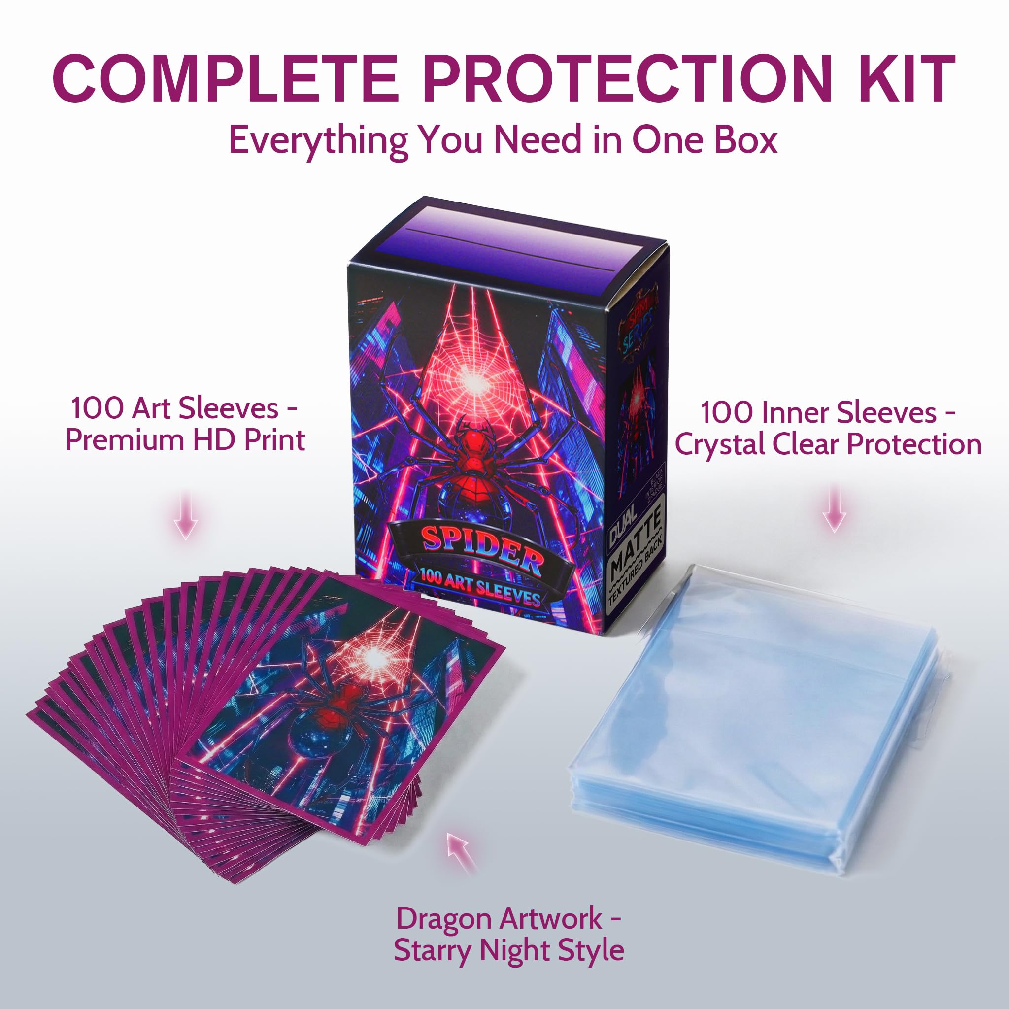GuarditechProX Double Sleeve Bundle – Spider Design: 100 Matte Art Sleeves & 100 Tight Fit Inner Sleeves, Acid-Free Standard Size Card Protectors with Storage Box for MTG, Pokemon, TCG