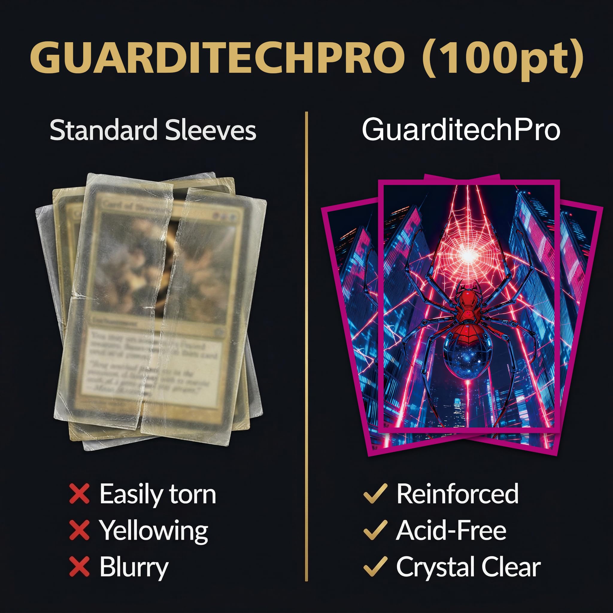 GuarditechProX Double Sleeve Bundle – Spider Design: 100 Matte Art Sleeves & 100 Tight Fit Inner Sleeves, Acid-Free Standard Size Card Protectors with Storage Box for MTG, Pokemon, TCG