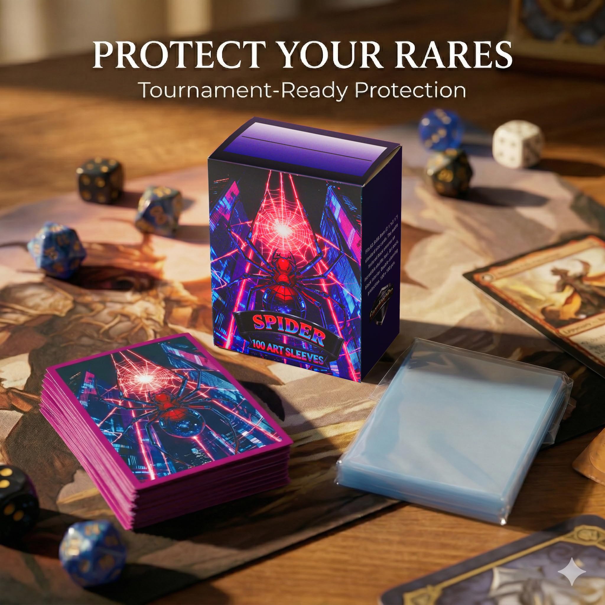 GuarditechProX Double Sleeve Bundle – Spider Design: 100 Matte Art Sleeves & 100 Tight Fit Inner Sleeves, Acid-Free Standard Size Card Protectors with Storage Box for MTG, Pokemon, TCG