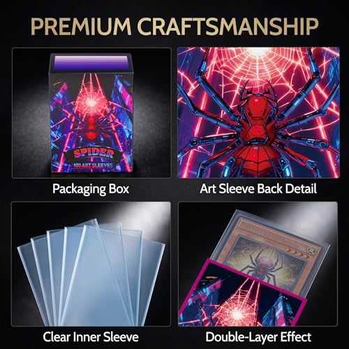 GuarditechProX Double Sleeve Bundle – Spider Design: 100 Matte Art Sleeves & 100 Tight Fit Inner Sleeves, Acid-Free Standard Size Card Protectors with Storage Box for MTG, Pokemon, TCG