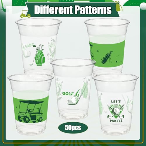 GuassLee 50-Pack Clear Plastic Golf Party Cups – 12oz Disposable Cups with Golf Ball, Bag & Cart Designs for Birthday, Bachelor & Masters Themed Events