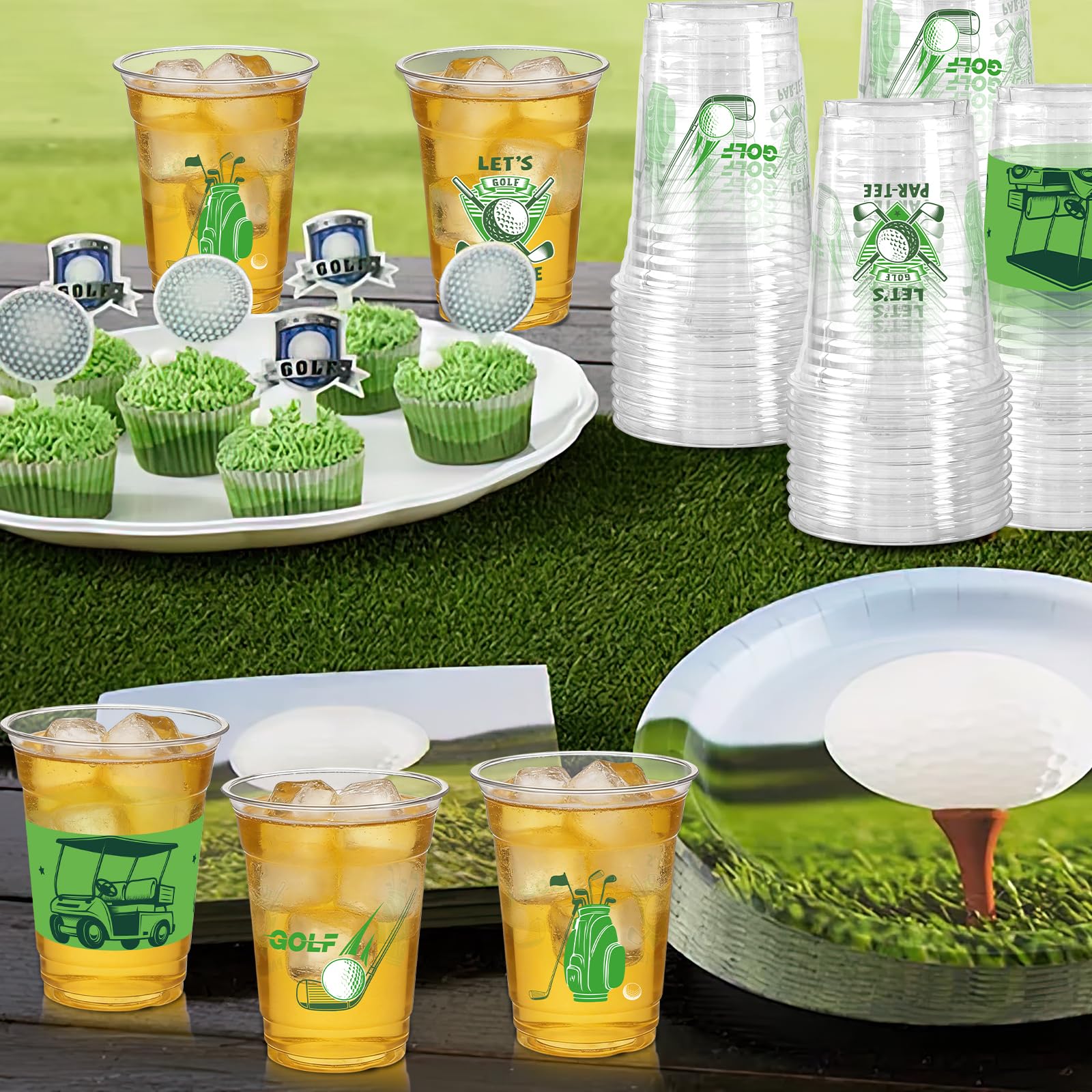 GuassLee 50-Pack Clear Plastic Golf Party Cups – 12oz Disposable Cups with Golf Ball, Bag & Cart Designs for Birthday, Bachelor & Masters Themed Events