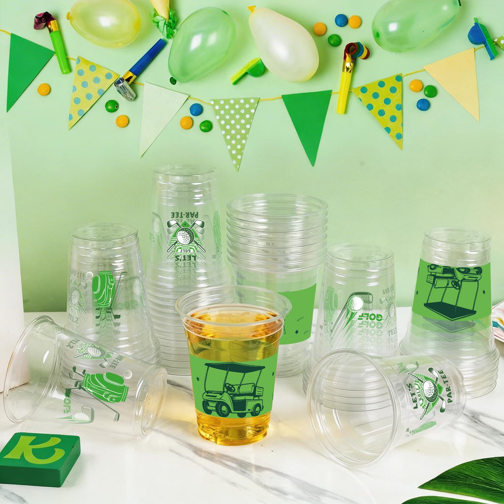 GuassLee 50-Pack Clear Plastic Golf Party Cups – 12oz Disposable Cups with Golf Ball, Bag & Cart Designs for Birthday, Bachelor & Masters Themed Events
