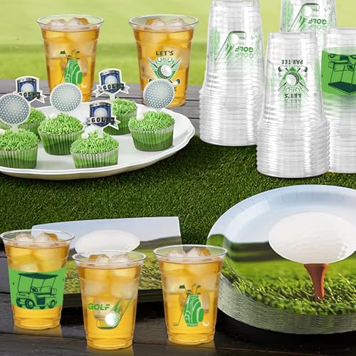 GuassLee 50-Pack Clear Plastic Golf Party Cups – 12oz Disposable Cups with Golf Ball, Bag & Cart Designs for Birthday, Bachelor & Masters Themed Events
