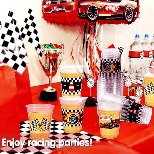 GuassLee 50 Race Car Birthday Party Cups - 12oz Plastic Cups with Checkered Flag and Racing Patterns for Boys' Birthday Party Supplies